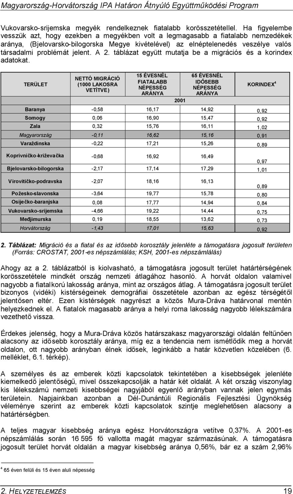 jelent. A 2. táblázat együtt mutatja be a migrációs és a korindex adatokat.