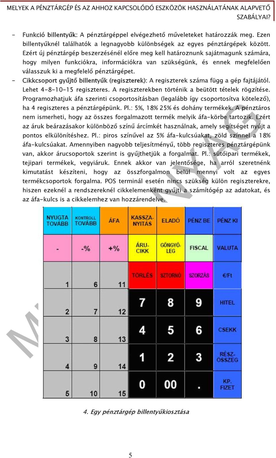 - Cikkcsoport gyűjtő billentyűk (regiszterek): A regiszterek száma függ a gép fajtájától. Lehet 4-8-10-15 regiszteres. A regiszterekben történik a beütött tételek rögzítése.