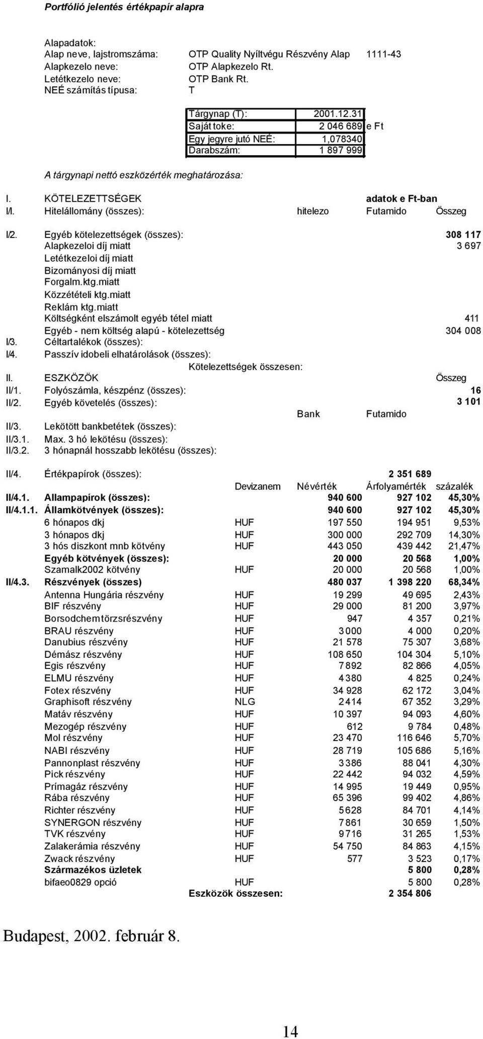 KÖTELEZETTSÉGEK adatok e Ft-ban I/I. Hitelállomány (összes): hitelezo Futamido Összeg I/2.