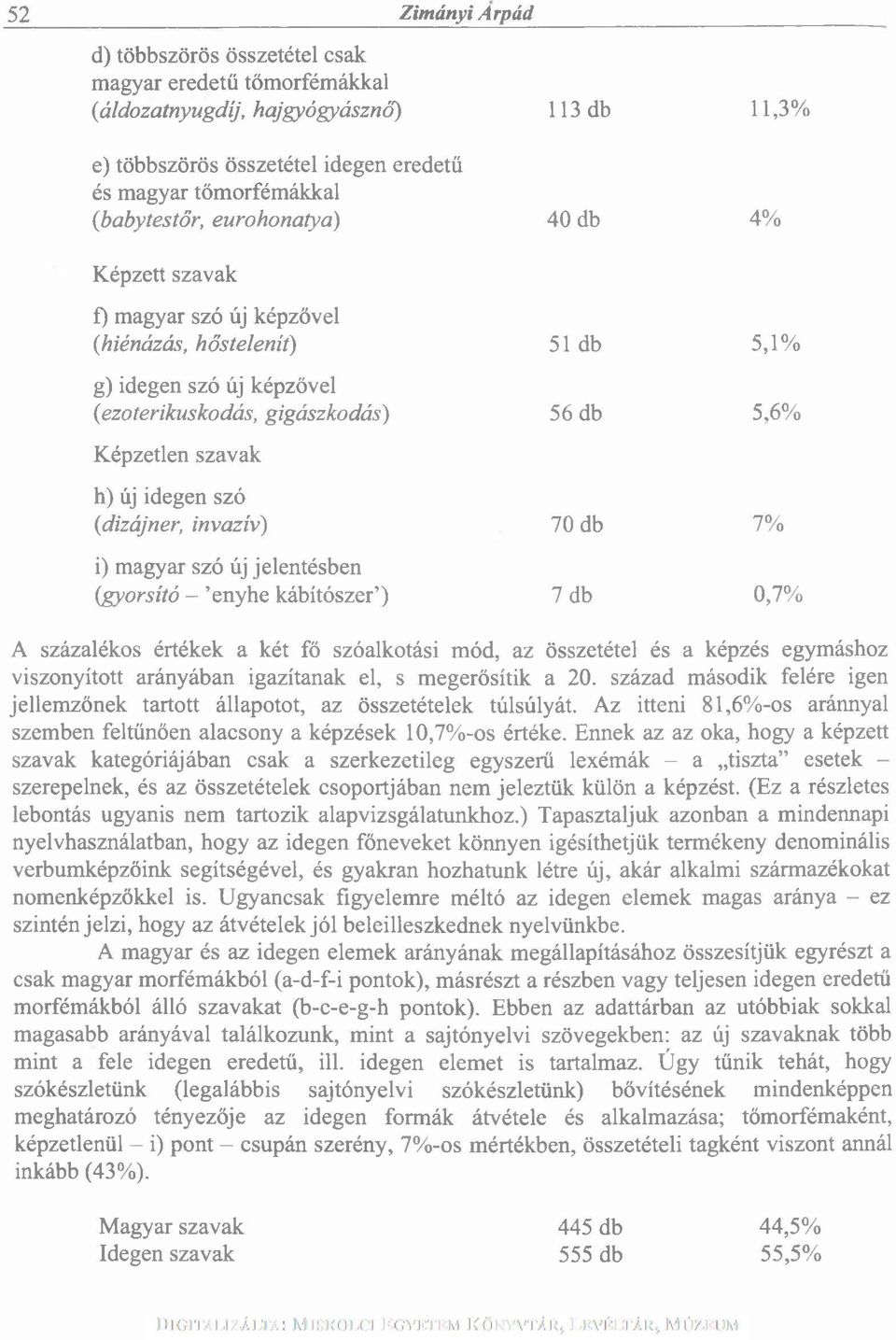 (dizájner, invazív) 70 db 7% i) magyar szó új jelentésben (gyorsító - enyhe kábítószer ) 7 db 0,7% A százalékos értékek a két fő szóalkotási mód, az összetétel és a képzés egymáshoz viszonyított