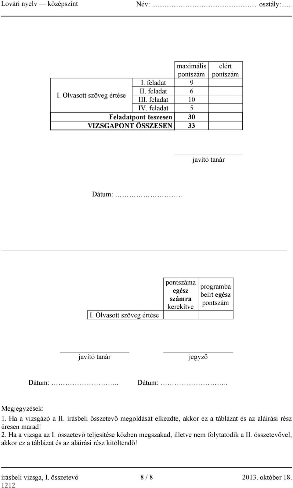 Olvasott szöveg értése pontszáma egész számra kerekítve programba beírt egész pontszám javító tanár jegyző Dátum:.. Dátum:.. Megjegyzések: 1. Ha a vizsgázó a II.