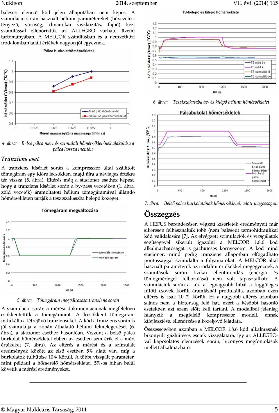 A MELCOR számításban és a nemzetközi irodalomban talált nagyon jól egyeznek. 6. ábra: Tesztszakaszba be- és kilépő hélium hőmérsékletei 4.