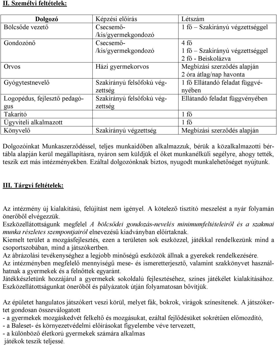 Logopédus, fejlesztő pedagóguzettség Szakirányú felsőfokú vég- Ellátandó feladat függvényében Takarító 1 fő Ügyviteli alkalmazott 1 fő Könyvelő Szakirányú végzettség Megbízási szerződés alapján