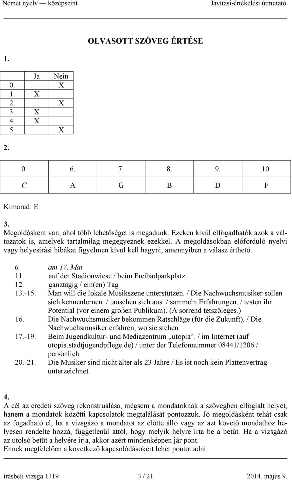A megoldásokban előforduló nyelvi vagy helyesírási hibákat figyelmen kívül kell hagyni, amennyiben a válasz érthető. 0. am 17. Mai 11. auf der Stadionwiese / beim Freibadparkplatz 12.