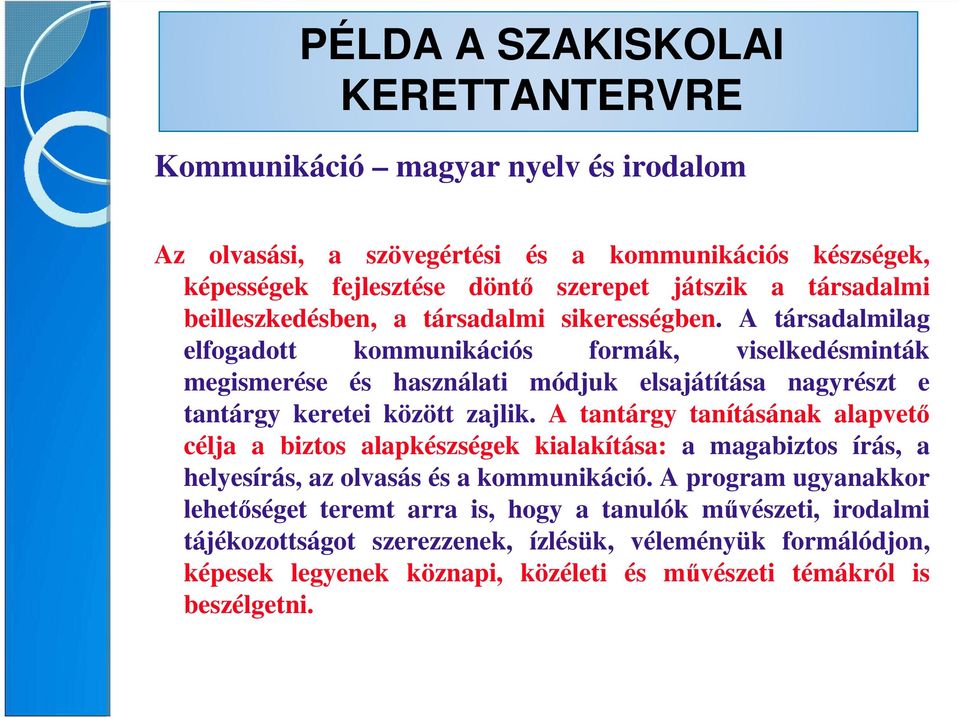 A társadalmilag elfogadott kommunikációs formák, viselkedésminták megismerése és használati módjuk elsajátítása nagyrészt e tantárgy keretei között zajlik.