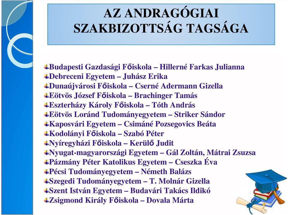 Pozsegovics Beáta Kodolányi Fıiskola Szabó Péter Nyíregyházi Fıiskola Kerülı Judit Nyugat-magyarországi Egyetem Gál Zoltán, Mátrai Zsuzsa Pázmány Péter Katolikus