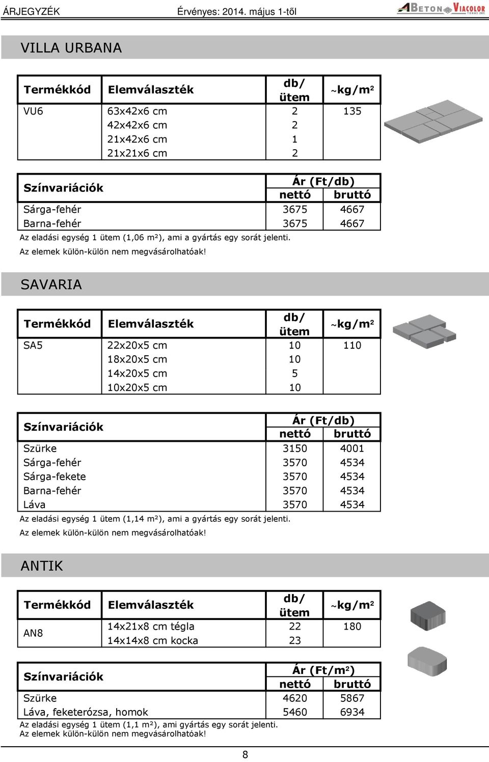 SAVARIA db/ ütem SA5 22x20x5 cm 10 110 18x20x5 cm 10 14x20x5 cm 5 10x20x5 cm 10 3150 4001 Sárga-fehér 3570 4534 Sárga-fekete 3570 4534 Barna-fehér 3570 4534 Láva 3570 4534 Az eladási