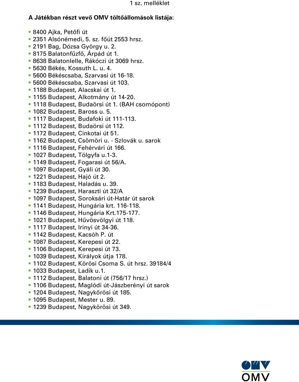 1155 Budapest, Alkotmány út 14-20. 1118 Budapest, Budaörsi út 1. (BAH csomópont) 1082 Budapest, Baross u. 5. 1117 Budapest, Budafoki út 111-113. 1112 Budapest, Budaörsi út 112.