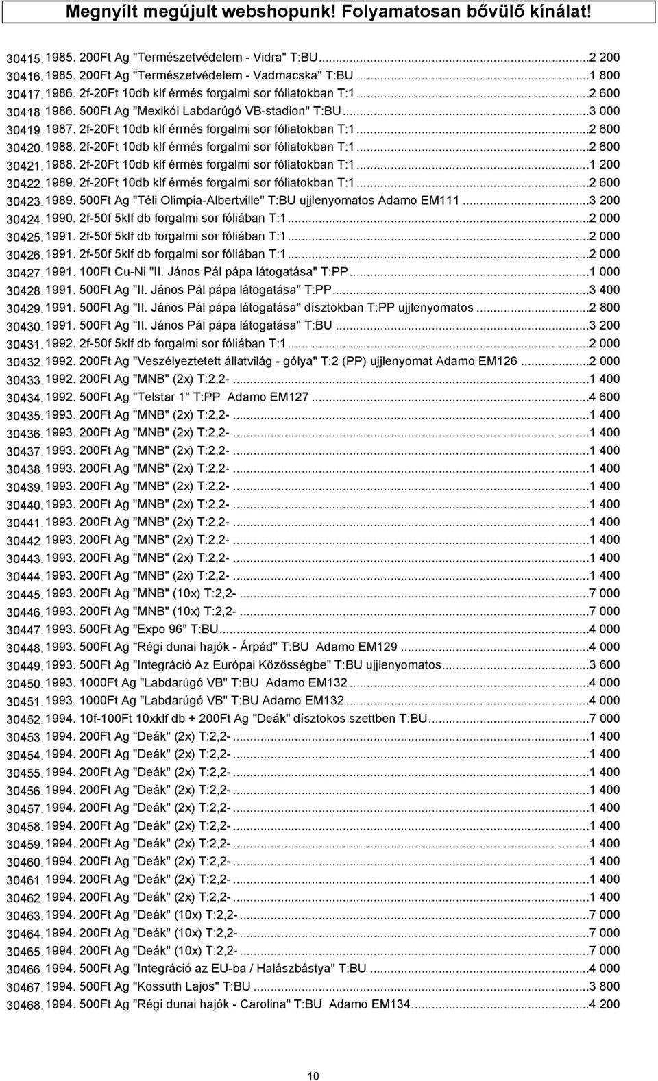 ..2 600 30420.1988. 2f-20Ft 10db klf érmés forgalmi sor fóliatokban T:1...2 600 30421.1988. 2f-20Ft 10db klf érmés forgalmi sor fóliatokban T:1...1 200 30422.1989.
