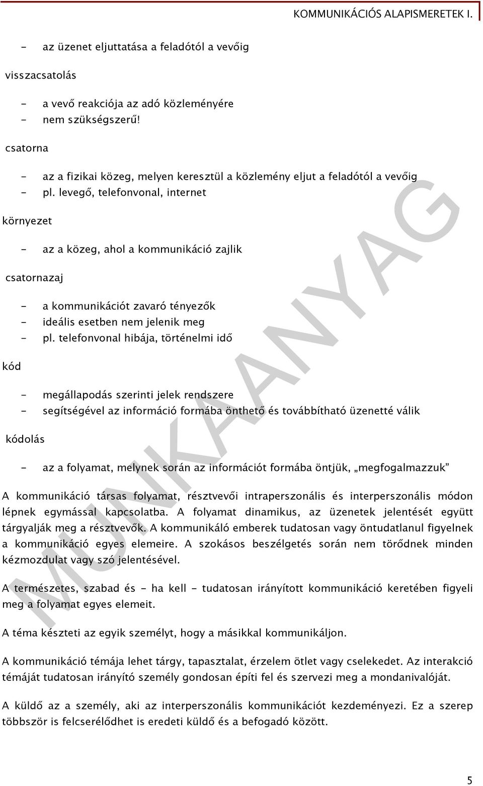 levegő, telefonvonal, internet környezet - az a közeg, ahol a kommunikáció zajlik csatornazaj kód - a kommunikációt zavaró tényezők - ideális esetben nem jelenik meg - pl.