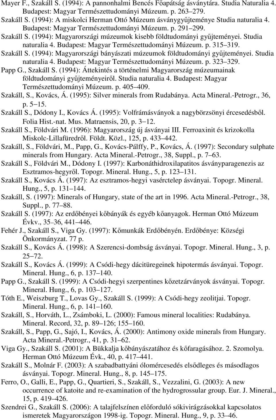 Szakáll S. (1994): Magyarországi bányászati múzeumok földtudományi győjteményei. Studia naturalia 4. Budapest: Magyar Természettudományi Múzeum. p. 323 329. Papp G., Szakáll S.