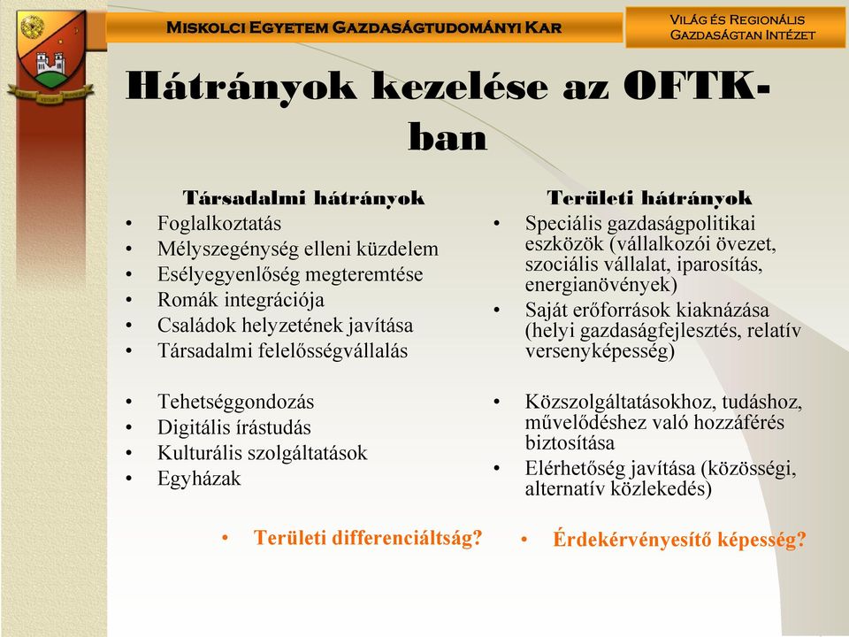 Területi hátrányok Speciális gazdaságpolitikai eszközök (vállalkozói övezet, szociális vállalat, iparosítás, energianövények) Saját erőforrások kiaknázása (helyi