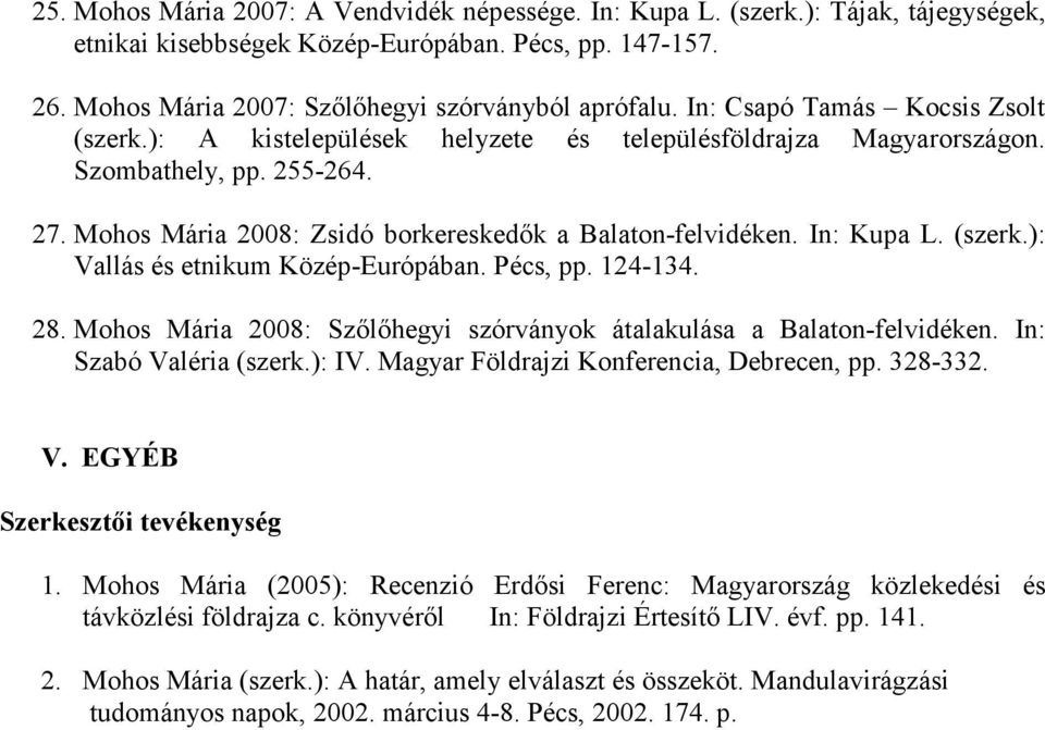 In: Kupa L. (szerk.): Vallás és etnikum Közép-Európában. Pécs, pp. 124-134. 28. Mohos Mária 2008: Szılıhegyi szórványok átalakulása a Balaton-felvidéken. In: Szabó Valéria (szerk.): IV.