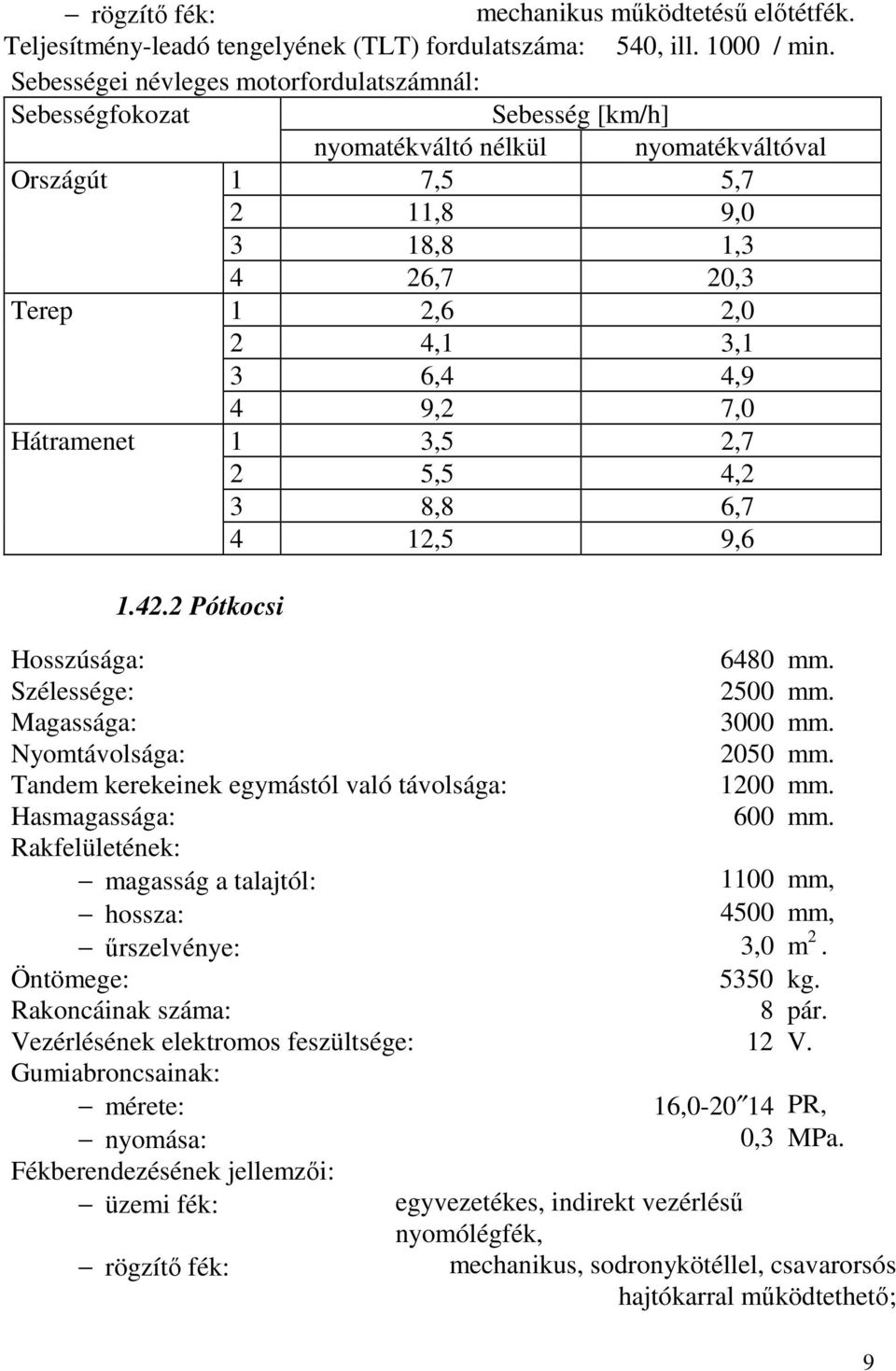 4,9 4 9,2 7,0 Hátramenet 1 3,5 2,7 2 5,5 4,2 3 8,8 6,7 4 12,5 9,6 1.42.2 Pótkocsi Hosszúsága: 6480 mm. Szélessége: 2500 mm. Magassága: 3000 mm. Nyomtávolsága: 2050 mm.