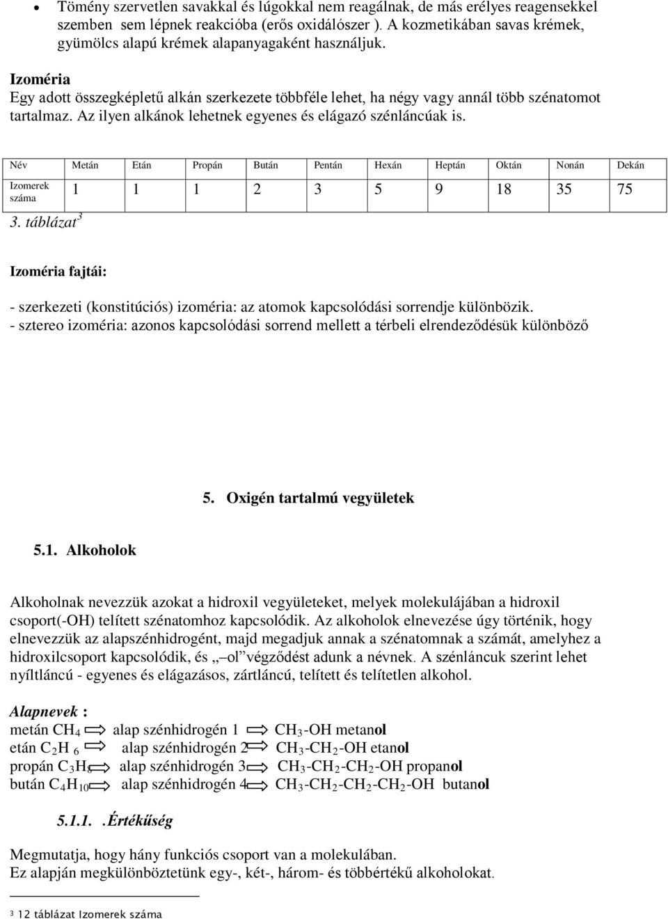 Az ilyen alkánok lehetnek egyenes és elágazó szénláncúak is. Név Metán Etán Propán Bután Pentán Hexán Heptán Oktán Nonán Dekán Izomerek száma 3.