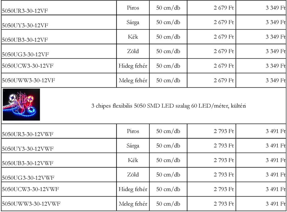 szalag 60 LED/méter, kültéri Piros 50 cm/ Sárga 50 cm/ Kék 50 cm/ Zöld 50 cm/ 5050UCW33012VWF Hideg