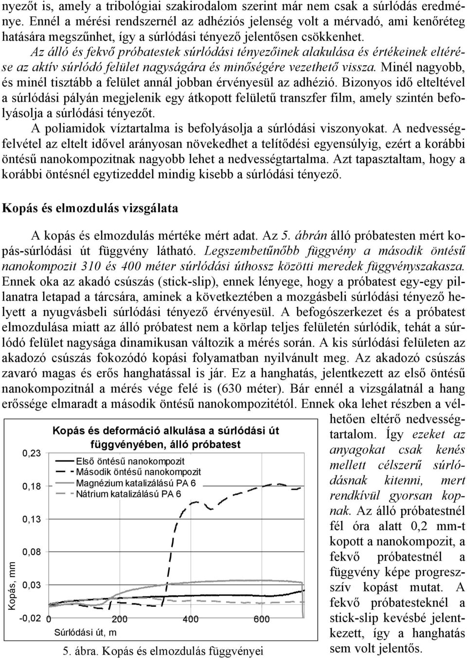 Az álló és fekvő próbatestek súrlódási tényezőinek alakulása és értékeinek eltérése az aktív súrlódó felület nagyságára és minőségére vezethető vissza.