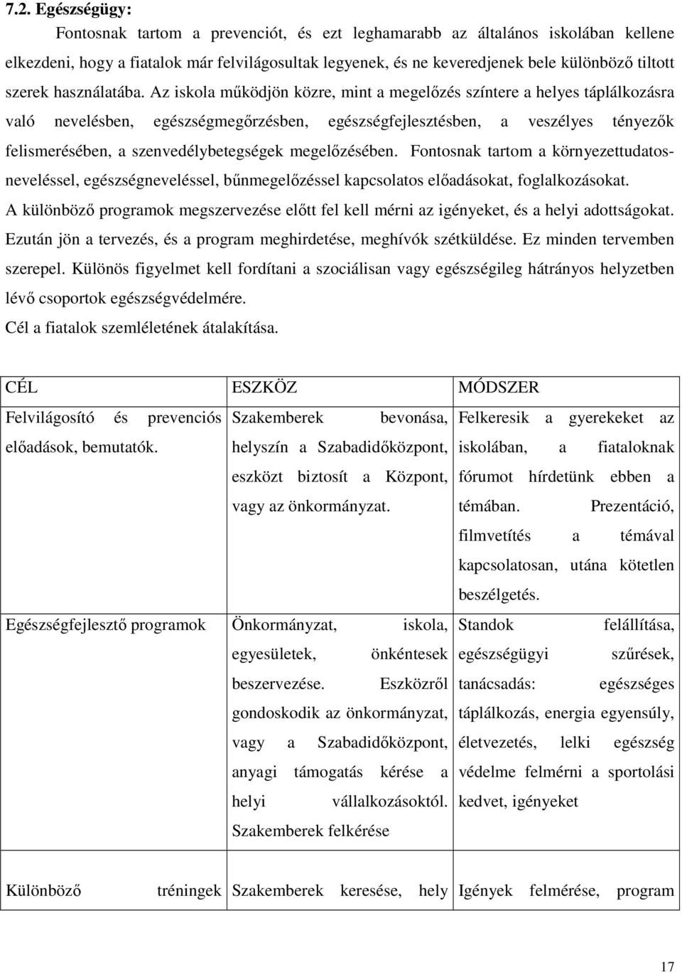 Az iskola működjön közre, mint a megelőzés színtere a helyes táplálkozásra való nevelésben, egészségmegőrzésben, egészségfejlesztésben, a veszélyes tényezők felismerésében, a szenvedélybetegségek