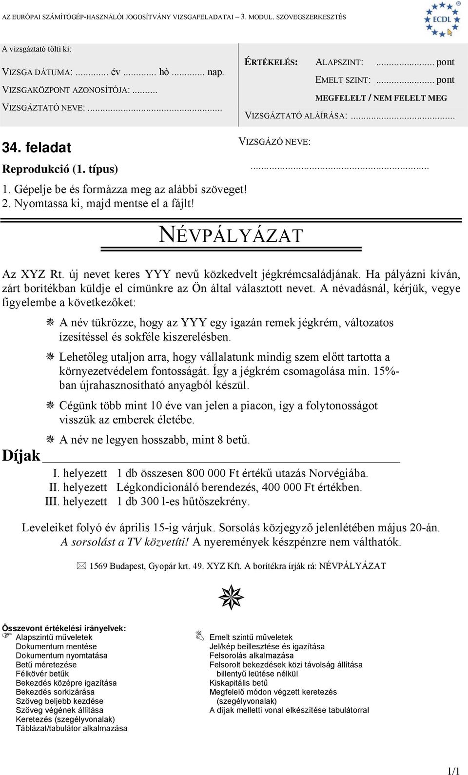 A névadásnál, kérjük, vegye figyelembe a következőket: A név tükrözze, hogy az YYY egy igazán remek jégkrém, változatos ízesítéssel és sokféle kiszerelésben.