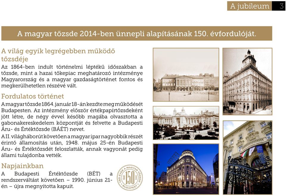 megkerülhetetlen részévé vált. Fordulatos történet A magyar tőzsde 1864. január 18-án kezdte meg működését Budapesten.