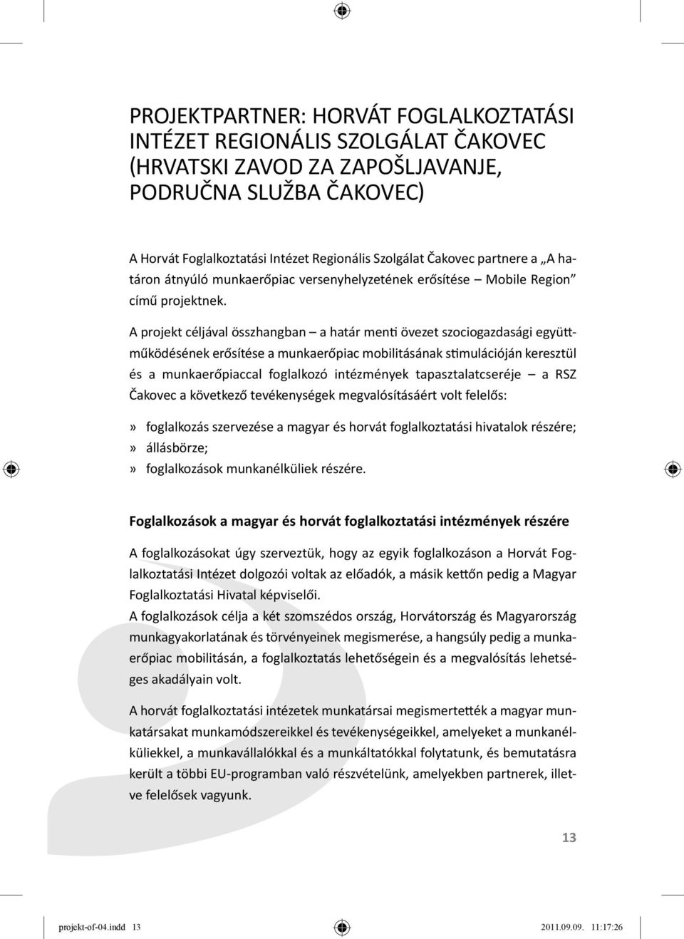 A projekt céljával összhangban a határ men övezet szociogazdasági együ működésének erősítése a munkaerőpiac mobilitásának s mulációján keresztül és a munkaerőpiaccal foglalkozó intézmények