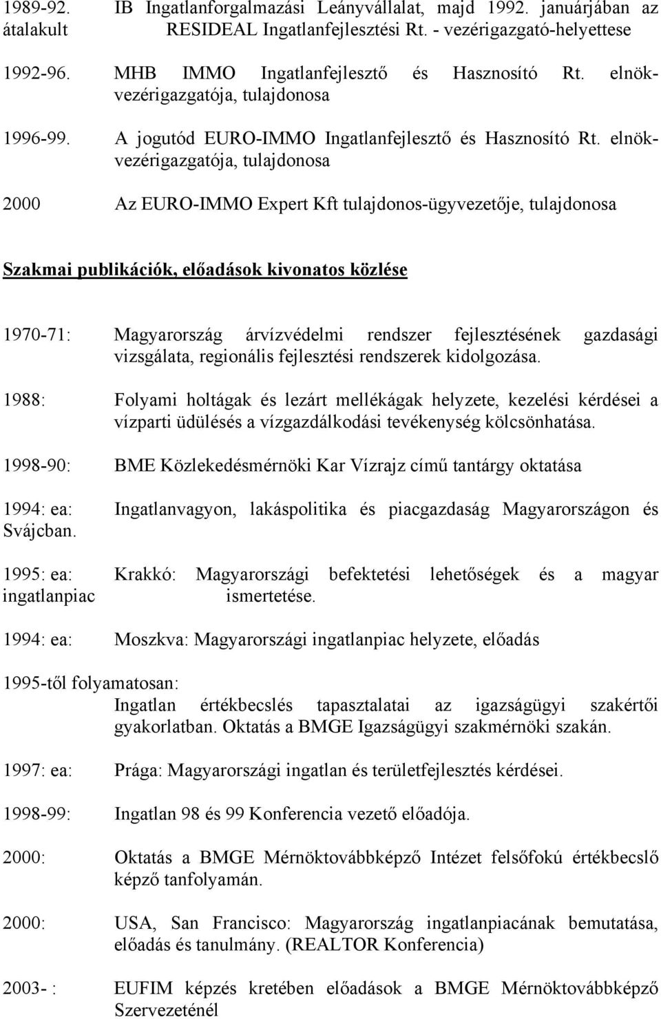 elnökvezérigazgatója, tulajdonosa 2000 Az EURO-IMMO Expert Kft tulajdonos-ügyvezetője, tulajdonosa Szakmai publikációk, előadások kivonatos közlése 1970-71: Magyarország árvízvédelmi rendszer
