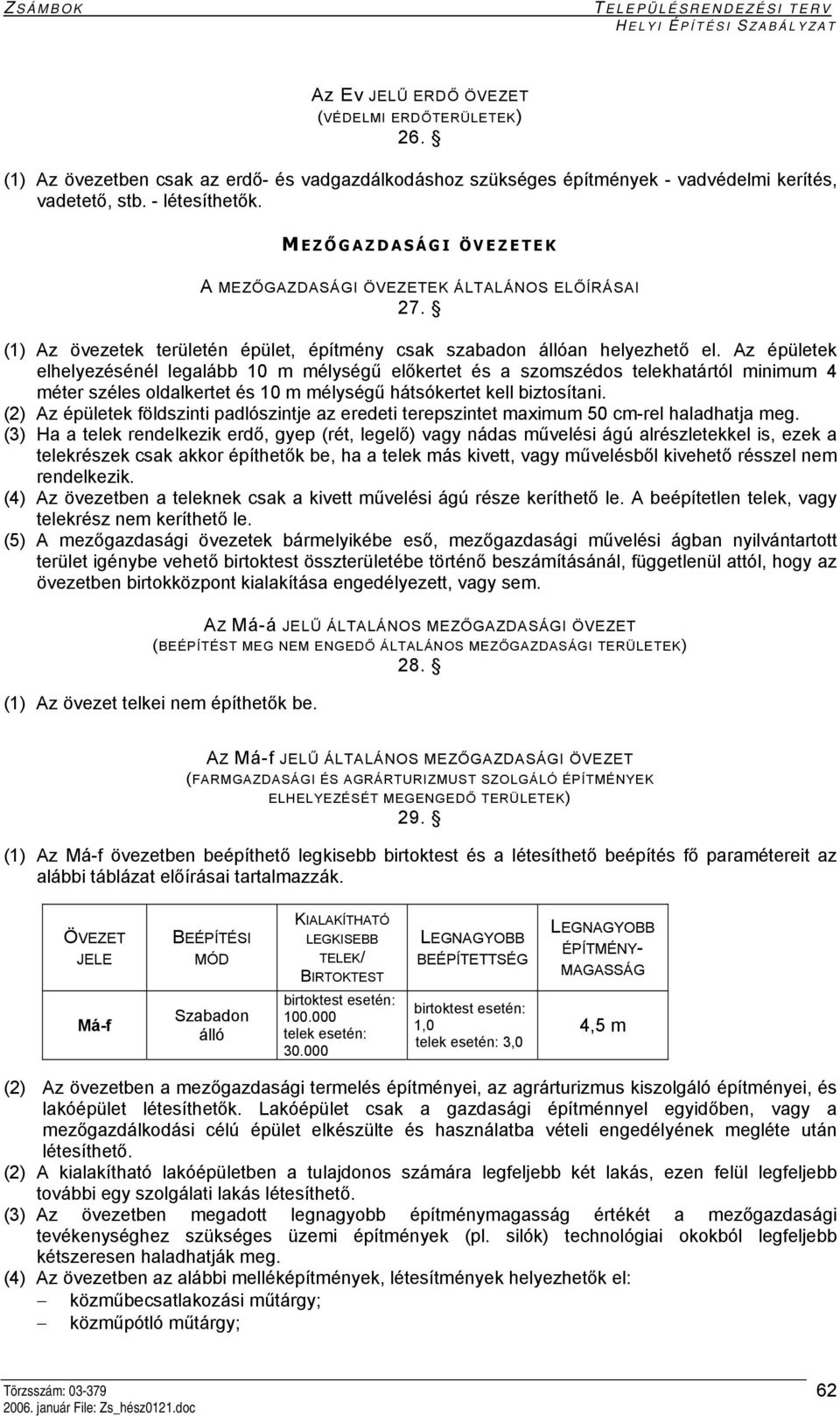 Az épületek elhelyezésénél legalább 10 m mélységű előkertet és a szomszédos telekhatártól minimum 4 méter széles oldalkertet és 10 m mélységű hátsókertet kell biztosítani.