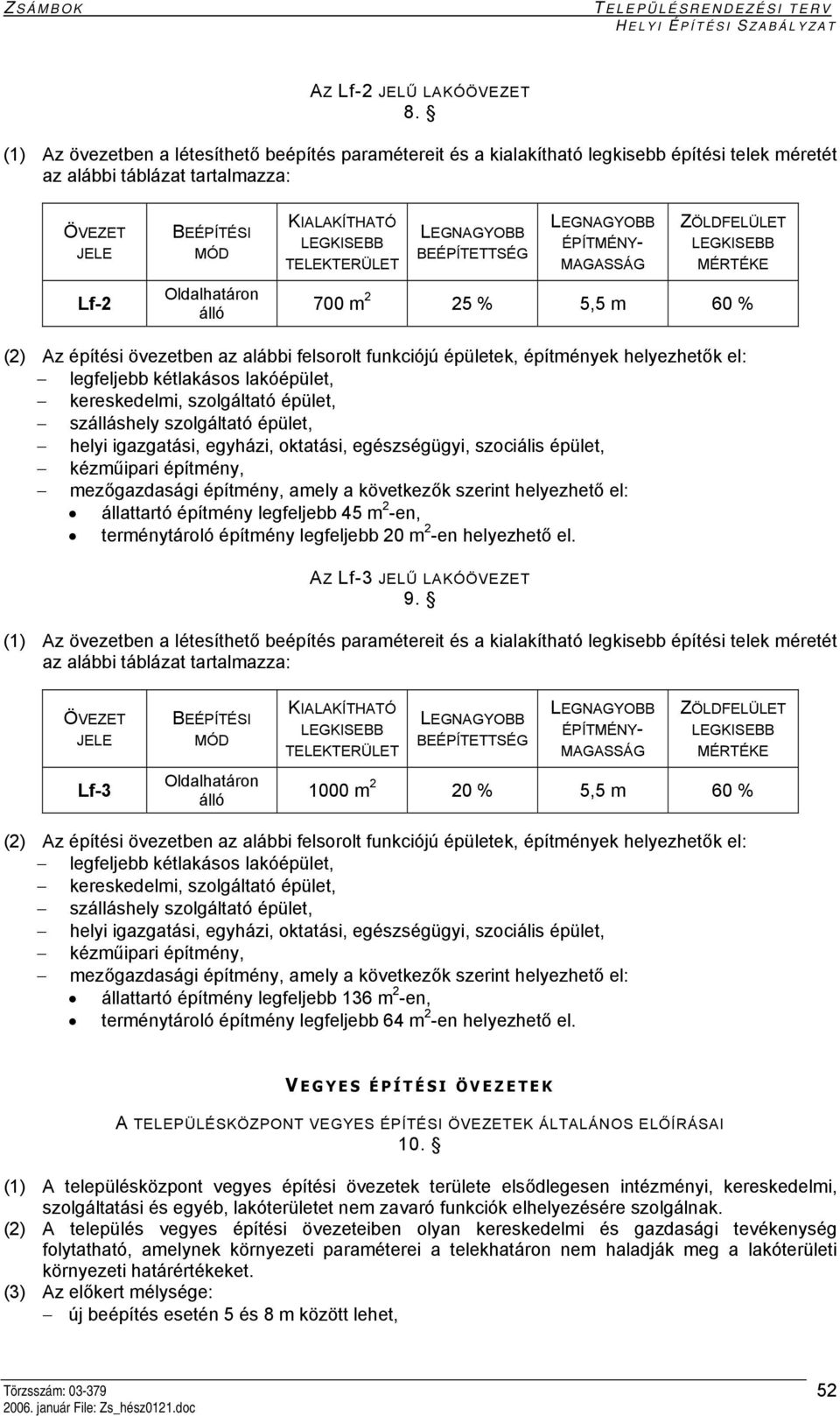 övezetben az alábbi felsorolt funkciójú épületek, építmények helyezhetők el: legfeljebb kétlakásos lakóépület, kereskedelmi, szolgáltató épület, szálláshely szolgáltató épület, helyi igazgatási,