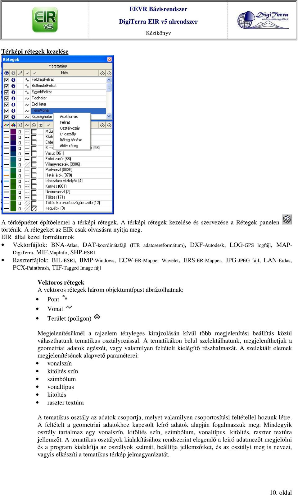 BMP-Windows, ECW-ER-Mapper Wavelet, ERS-ER-Mapper, JPG-JPEG fájl, LAN-Erdas, PCX-Paintbrush, TIF-Tagged Image fájl Vektoros rétegek A vektoros rétegek három objektumtípust ábrázolhatnak: Pont Vonal