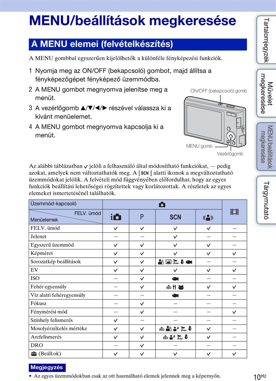 3 A vezérlőgomb v/v/b/b részével válassza ki a kívánt menüelemet. 4 A MENU gombot megnyomva kapcsolja ki a menüt.