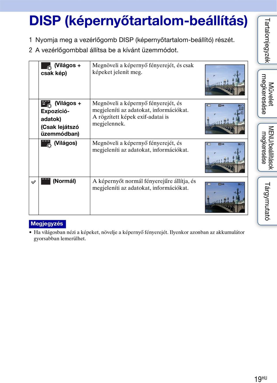 Megnöveli a képernyő fényerejét, és megjeleníti az adatokat, információkat. A rögzített képek exif-adatai is megjelennek.