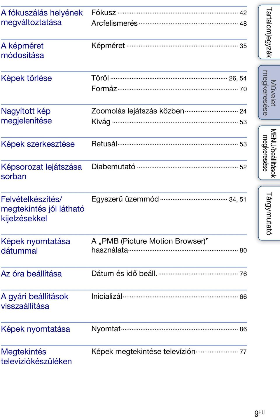 jól látható kijelzésekkel Képek nyomtatása dátummal Egyszerű üzemmód 34, 51 A PMB (Picture Motion Browser) használata 80 Az óra beállítása Dátum és idő