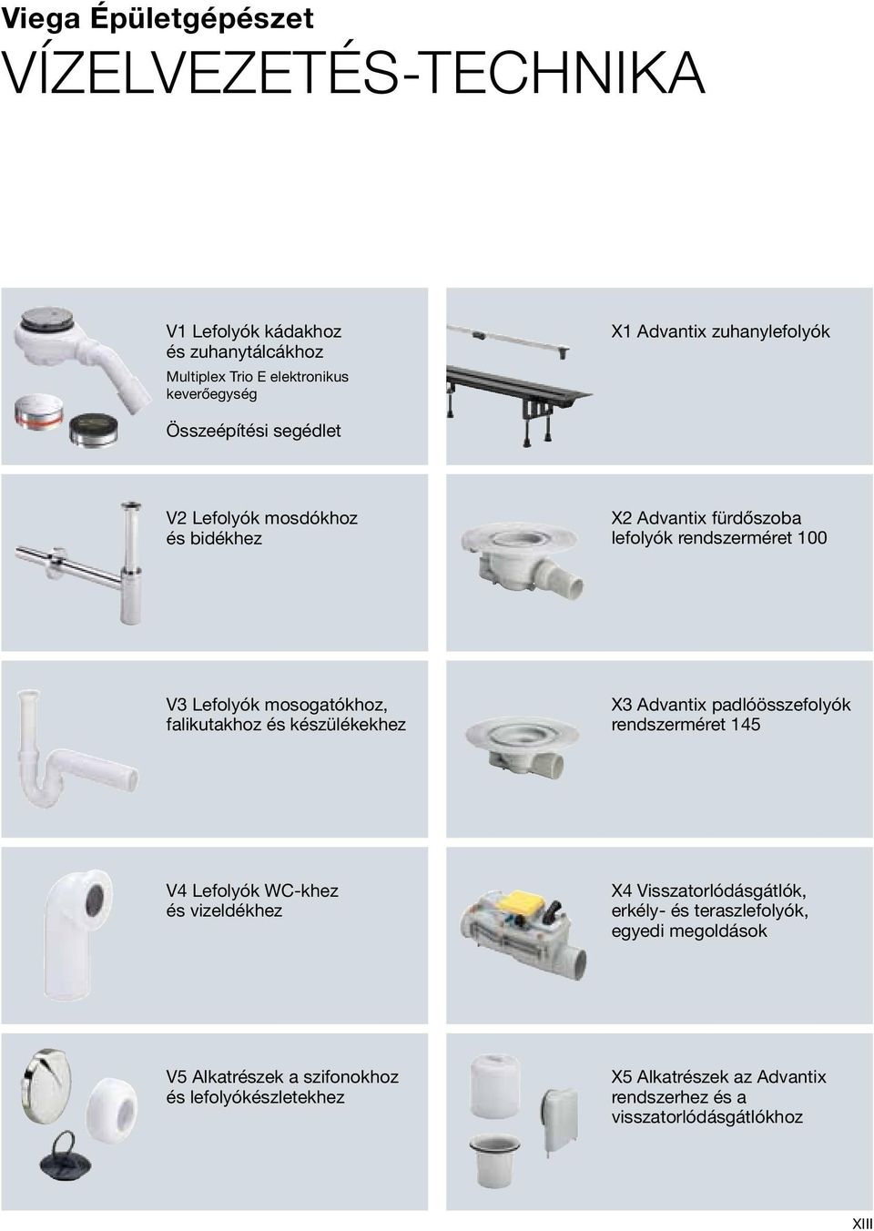 falikutakhoz és készülékekhez X3 Advantix padlóösszefolyók rendszerméret 145 V4 Lefolyók WC-khez és vizeldékhez X4 Visszatorlódásgátlók, erkély- és