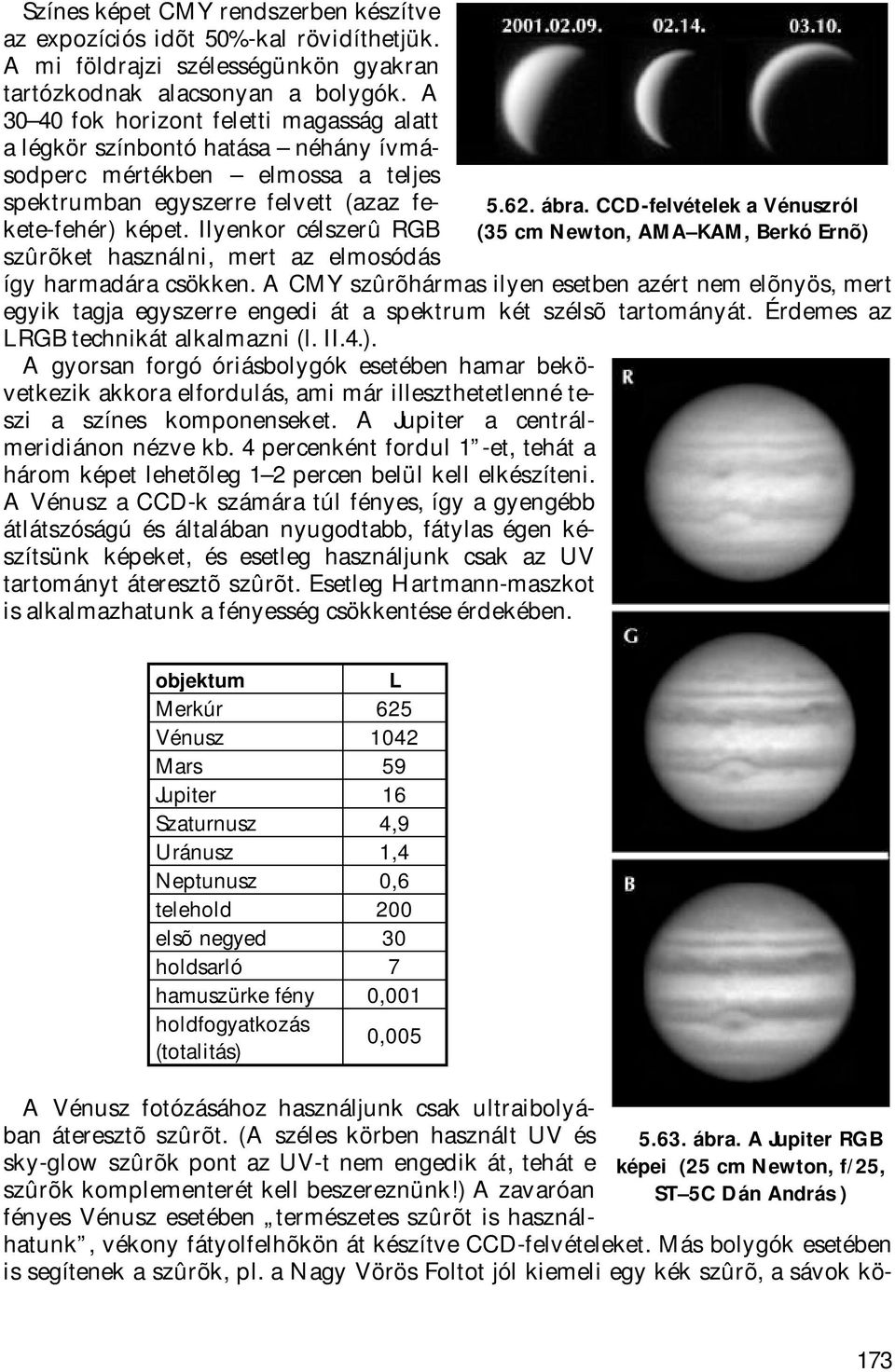 Ilyenkor célszerû RGB szûrõket használni, mert az elmosódás 5.62. ábra. CCD-felvételek a Vénuszról (35 cm Newton, AMA KAM, Berkó Ernõ) így harmadára csökken.