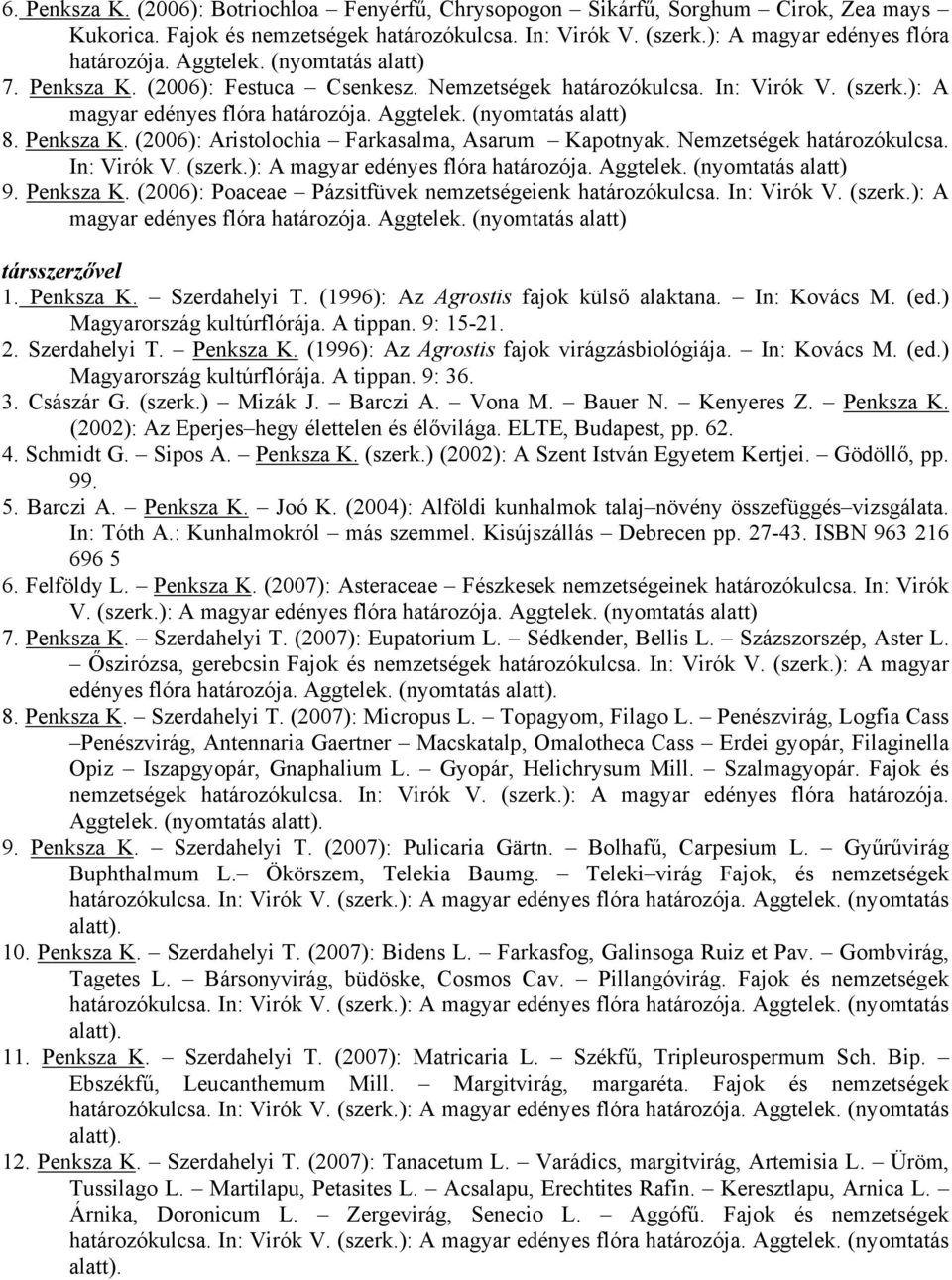 Nemzetségek határozókulcsa. In: Virók V. (szerk.): A magyar edényes flóra határozója. Aggtelek. (nyomtatás alatt) 9. Penksza K. (2006): Poaceae Pázsitfüvek nemzetségeienk határozókulcsa. In: Virók V. (szerk.): A magyar edényes flóra határozója. Aggtelek. (nyomtatás alatt) társszerzővel 1.