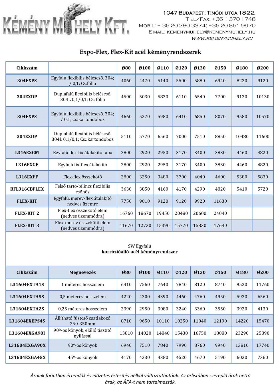 304; / 0,1; Cs:kartondoboz 4660 5270 5980 6410 6850 8070 9580 10570 304EXDP Duplafalú flexibilis béléscső.