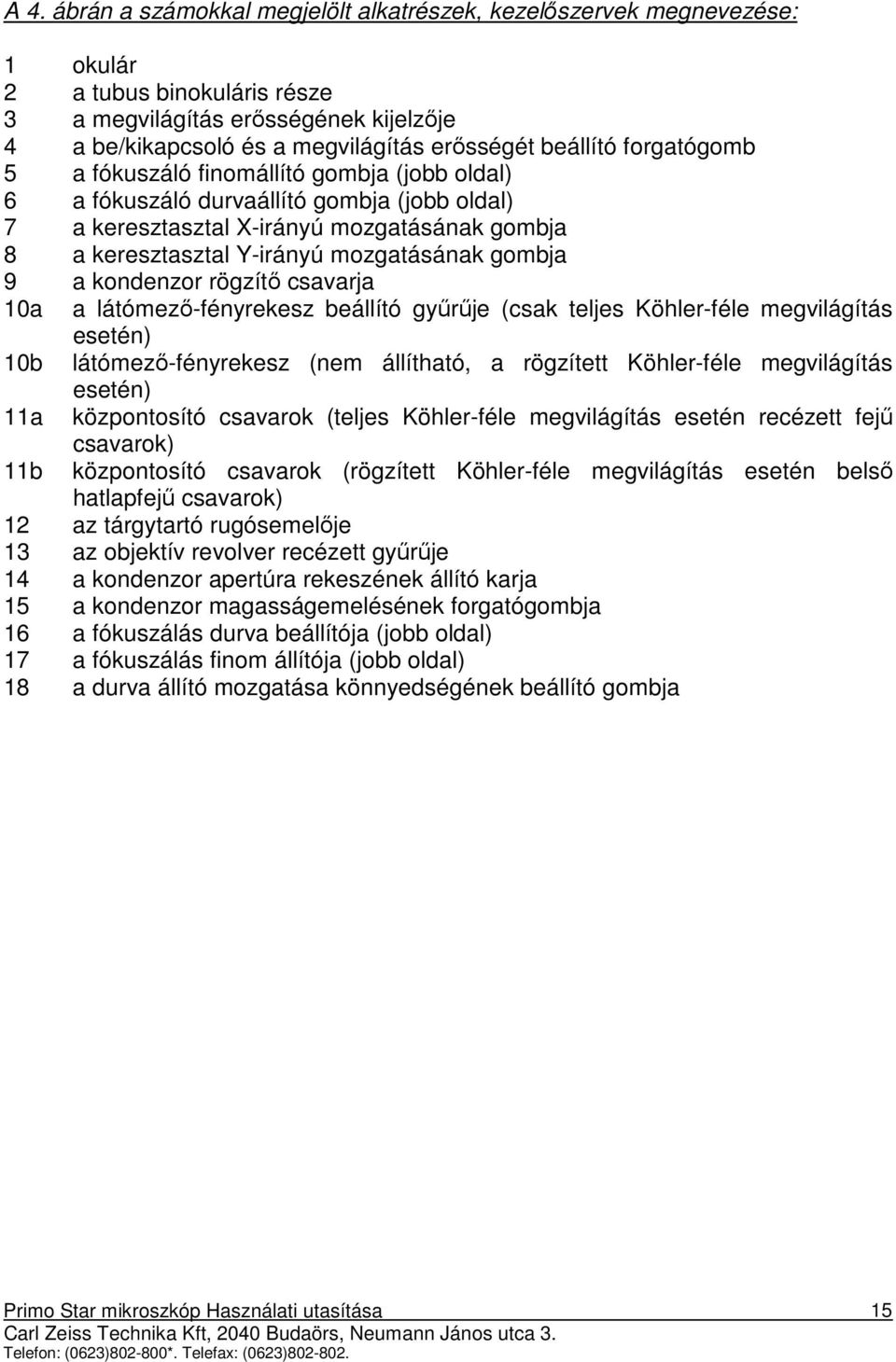 gombja 9 a kondenzor rögzítı csavarja 10a a látómezı-fényrekesz beállító győrője (csak teljes Köhler-féle megvilágítás esetén) 10b látómezı-fényrekesz (nem állítható, a rögzített Köhler-féle