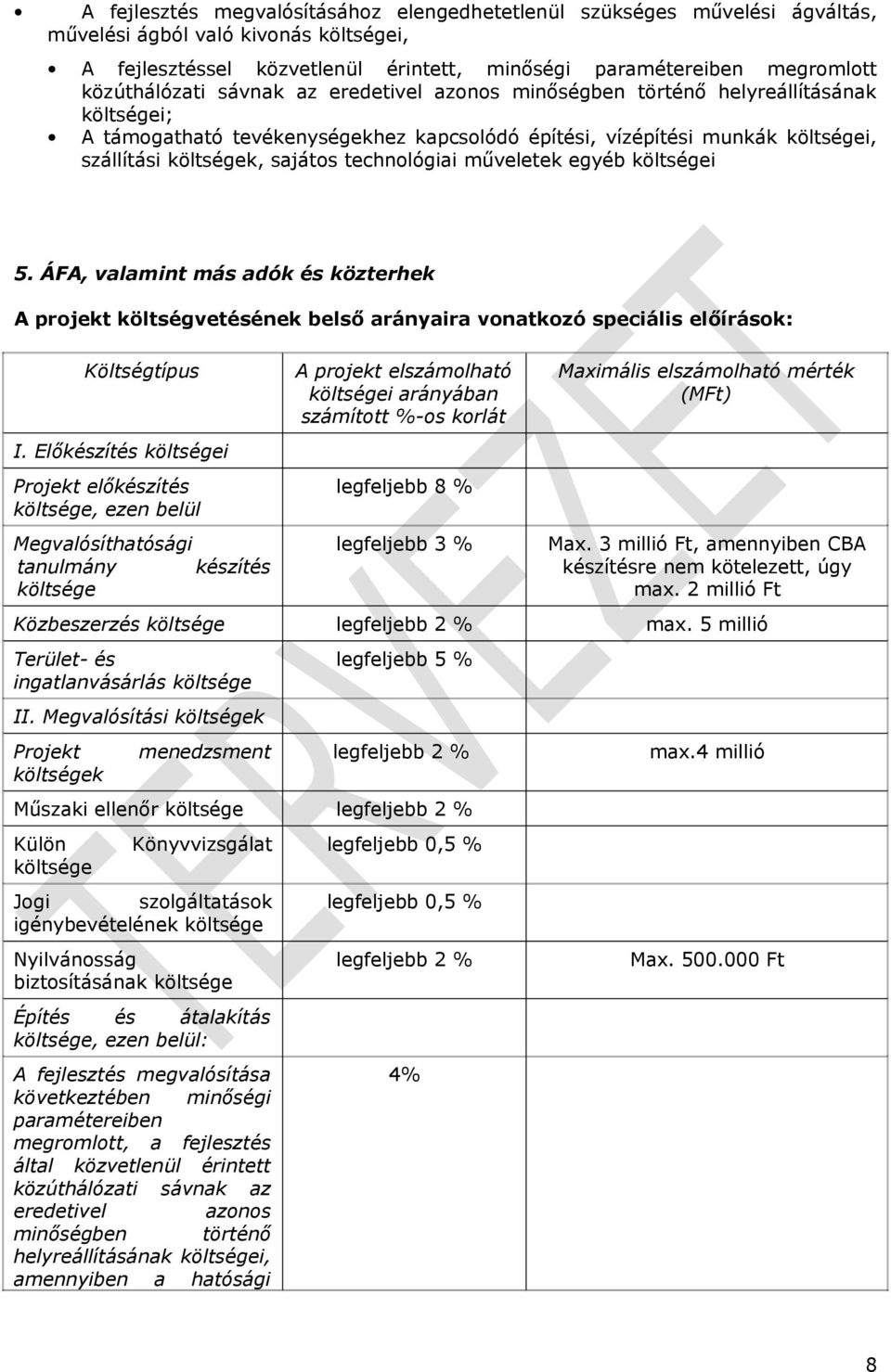 technológiai műveletek egyéb költségei 5. ÁFA, valamint más adók és közterhek A projekt költségvetésének belső arányaira vonatkozó speciális előírások: Költségtípus I.