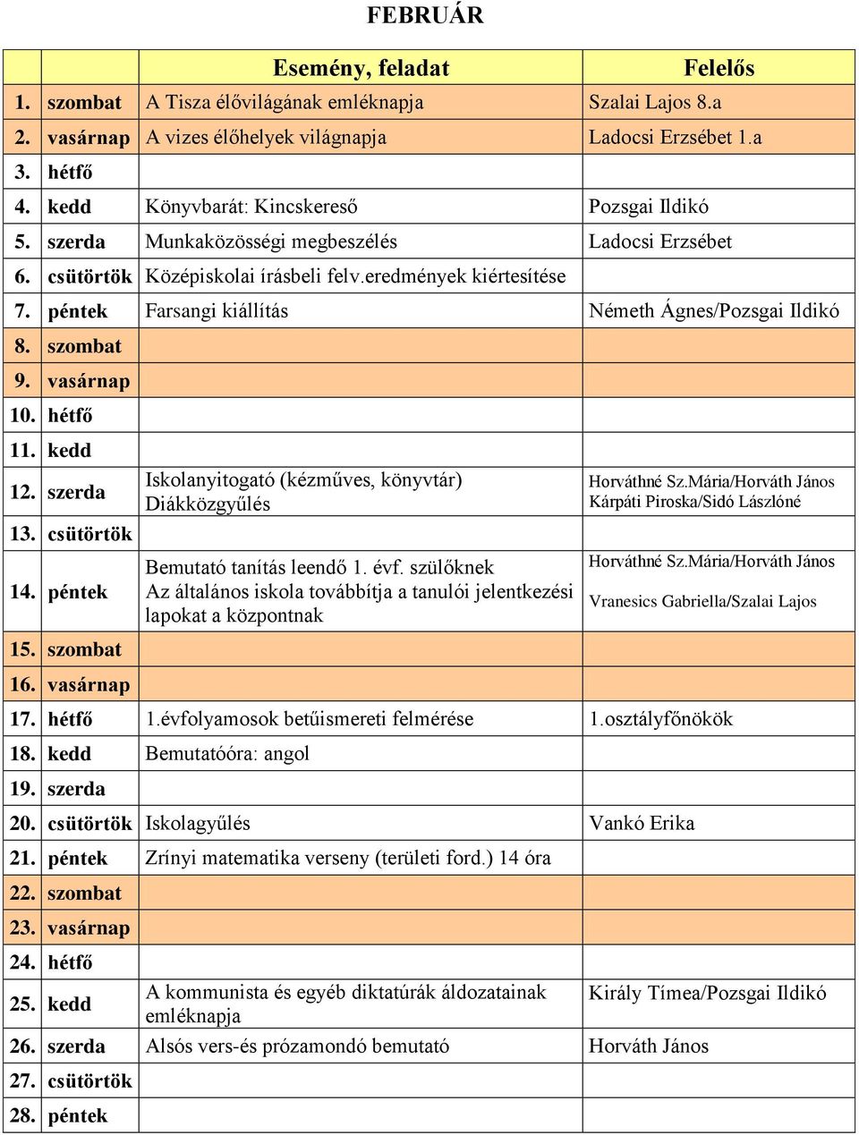 kedd 12. szerda 13. csütörtök 14. péntek 15. szombat 16. vasárnap Iskolanyitogató (kézműves, könyvtár) Diákközgyűlés Bemutató tanítás leendő 1. évf.