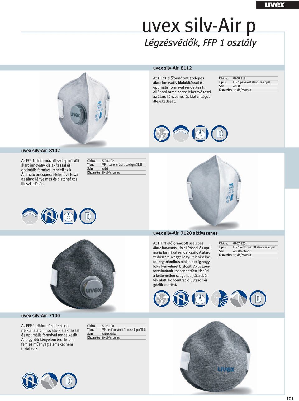 112 Típus FFP 1 panelest álarc szeleppel Szín ezüst uvex silv-air 8102 Az FFP 1 előformázott szelep nélküli álarc innovatív kialakítással és optimális formával rendelkezik.