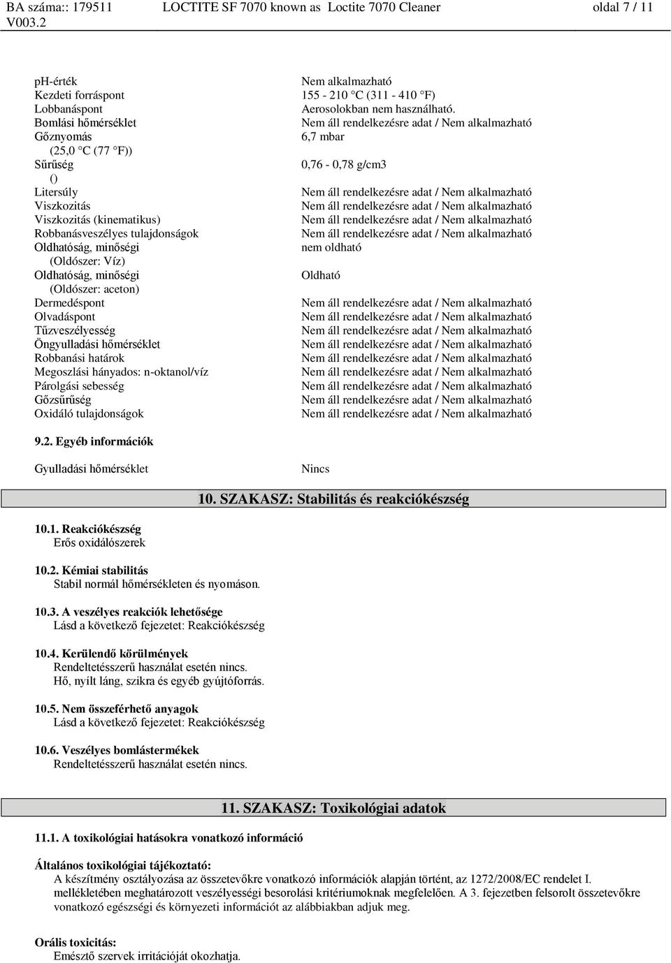 határok Megoszlási hányados: n-oktanol/víz Párolgási sebesség Gőzsűrűség Oxidáló tulajdonságok 155-210 C (311-410 F) Aerosolokban nem használható. 6,7 mbar 0,76-0,78 g/cm3 nem oldható Oldható 9.2. Egyéb információk Gyulladási hőmérséklet Nincs 10.