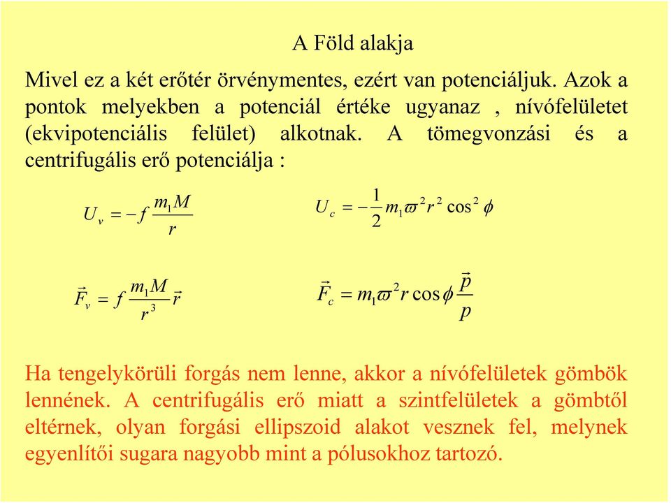 A tömegvonzási és a centrifugális erő potenciálja : m M 1 2 2 2 = f U c = m1ϖ r cos φ r 2 U v 1 A Föld alakja r F v = f m M 1 3 r r r F c =