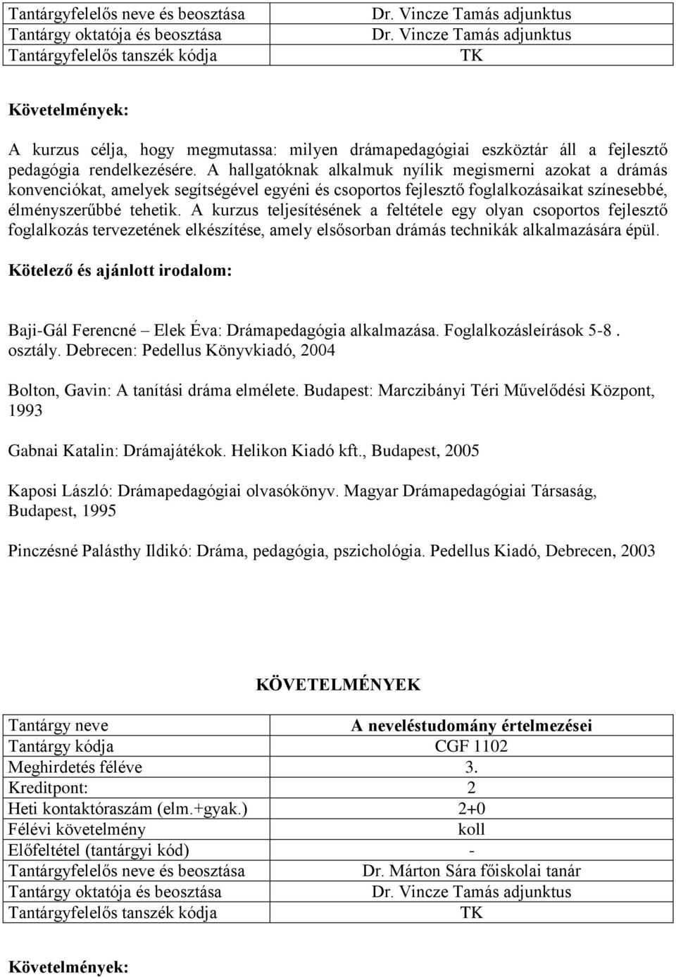 A kurzus teljesítésének a feltétele egy olyan csoportos fejlesztő foglalkozás tervezetének elkészítése, amely elsősorban drámás technikák alkalmazására épül.