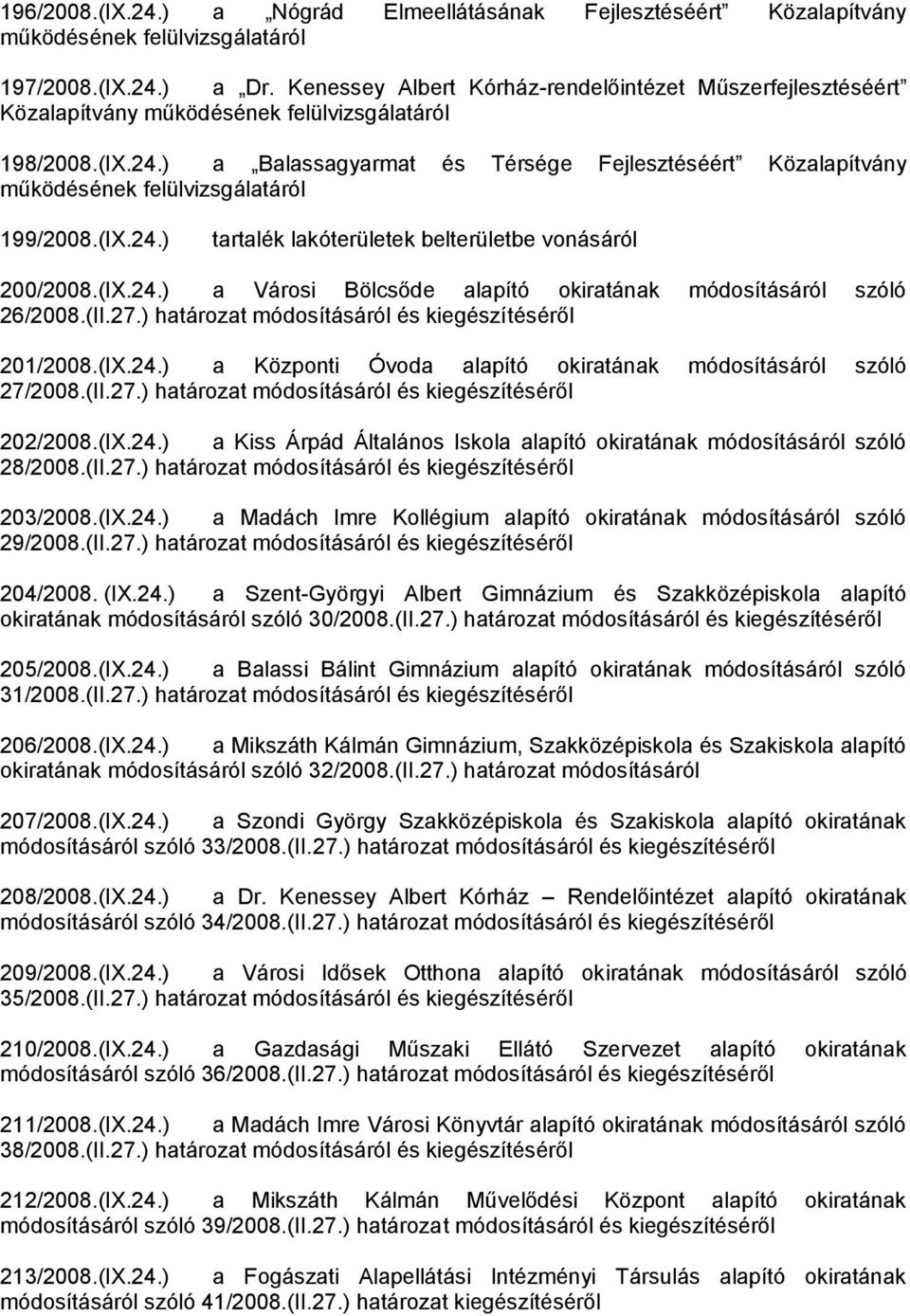 ) a Balassagyarmat és Térsége Fejlesztéséért Közalapítvány működésének felülvizsgálatáról 199/2008.(IX.24.) tartalék lakóterületek belterületbe vonásáról 200/2008.(IX.24.) a Városi Bölcsőde alapító okiratának módosításáról szóló 26/2008.