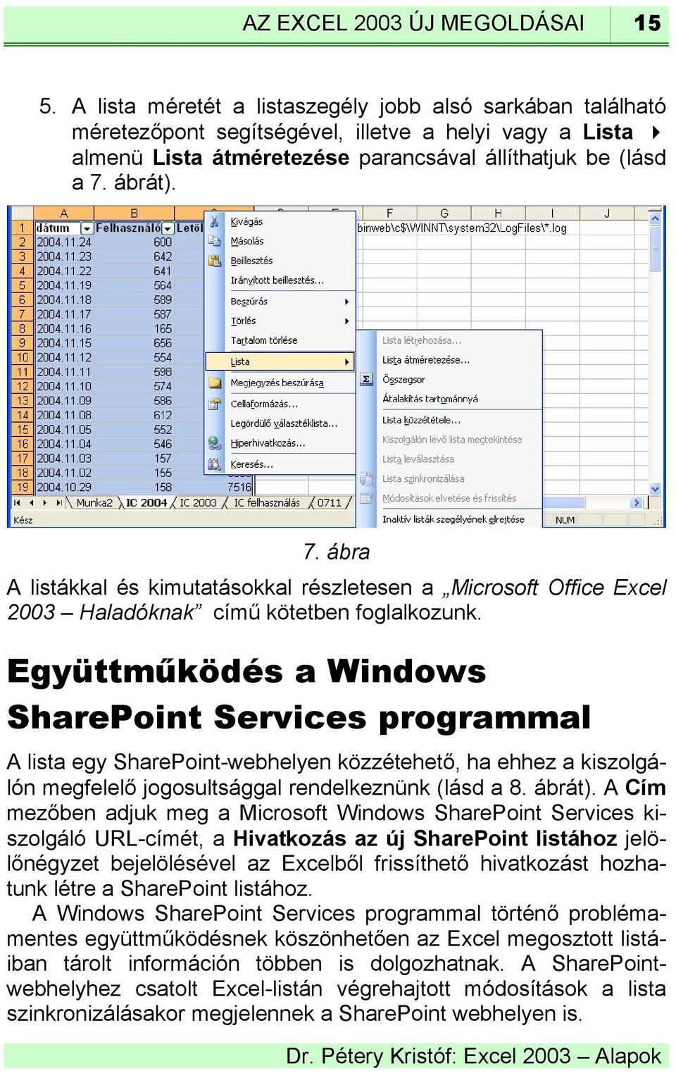 ábrát). 7. ábra A listákkal és kimutatásokkal részletesen a Microsoft Office Excel 2003 Haladóknak című kötetben foglalkozunk.
