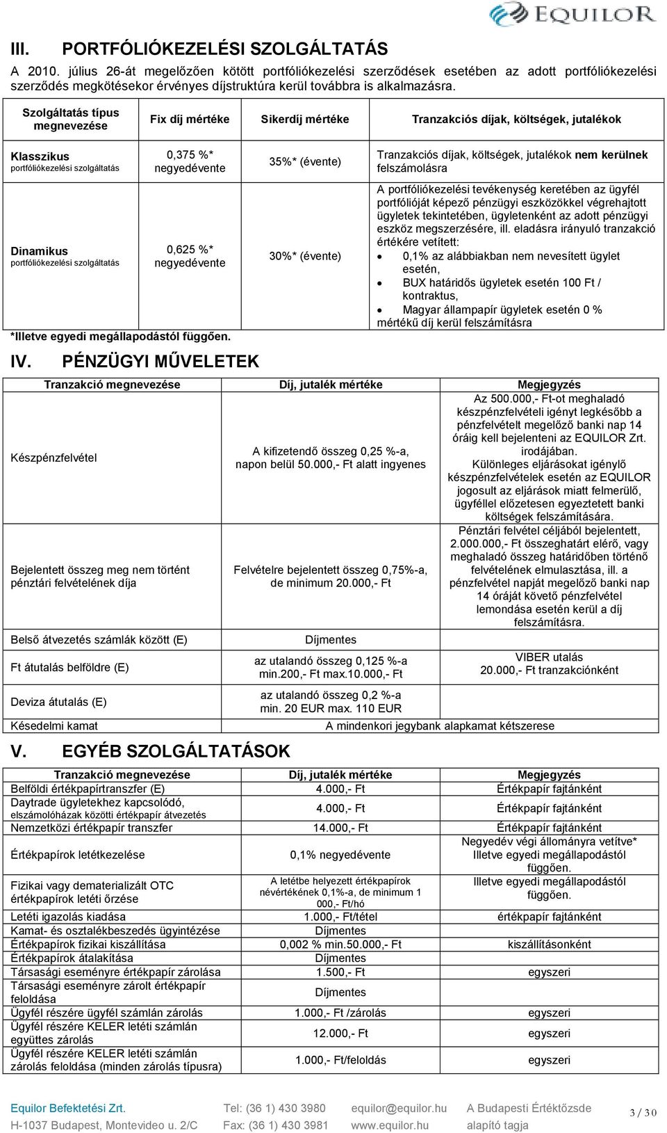 Szolgáltatás típus megnevezése Fix díj mértéke Sikerdíj mértéke Tranzakciós díjak, költségek, ok Klasszikus portfóliókezelési szolgáltatás Dinamikus portfóliókezelési szolgáltatás 0,375 %*