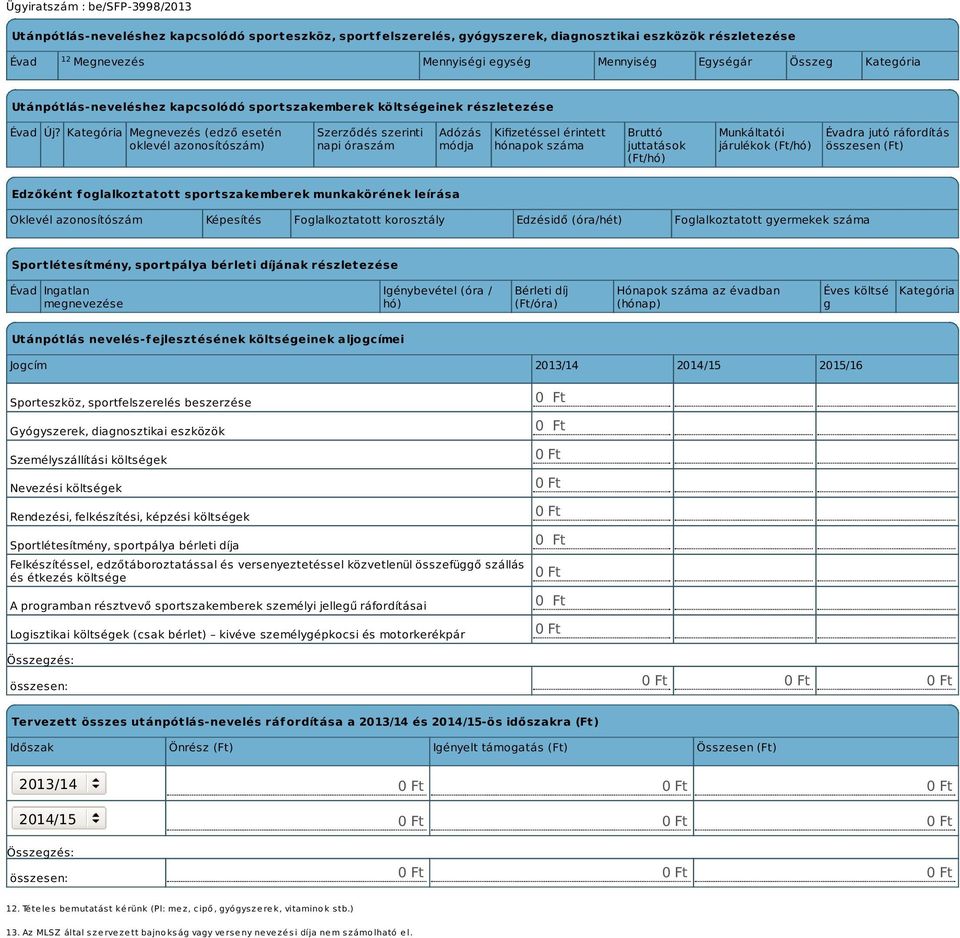Kategória Megnevezés (edző esetén oklevél azonosítószám) Szerződés szerinti napi óraszám Adózás módja Kifizetéssel érintett hónapok száma Bruttó juttatások (Ft/hó) Munkáltatói járulékok (Ft/hó)