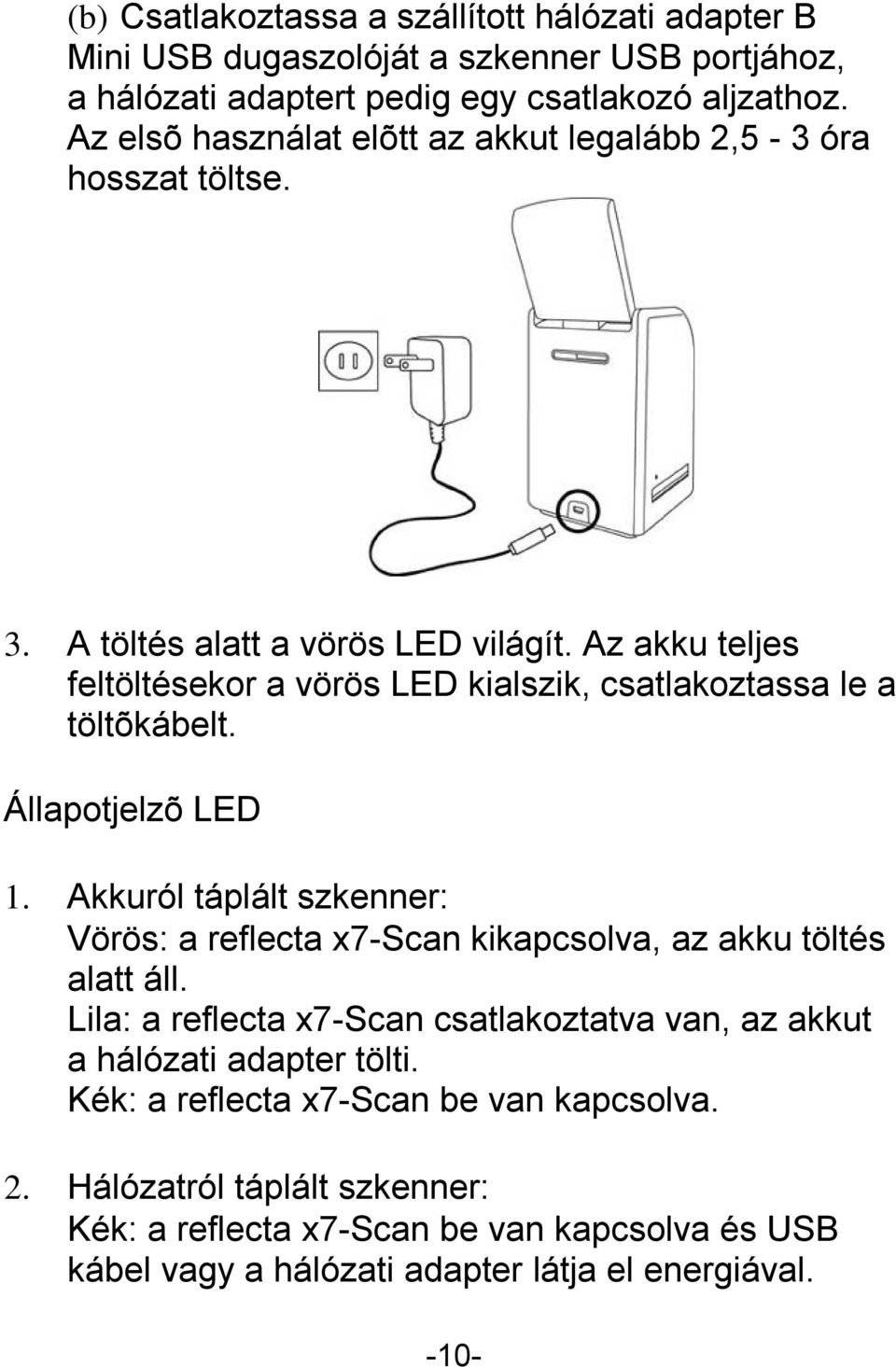 Az akku teljes feltöltésekor a vörös LED kialszik, csatlakoztassa le a töltõkábelt. Állapotjelzõ LED 1.