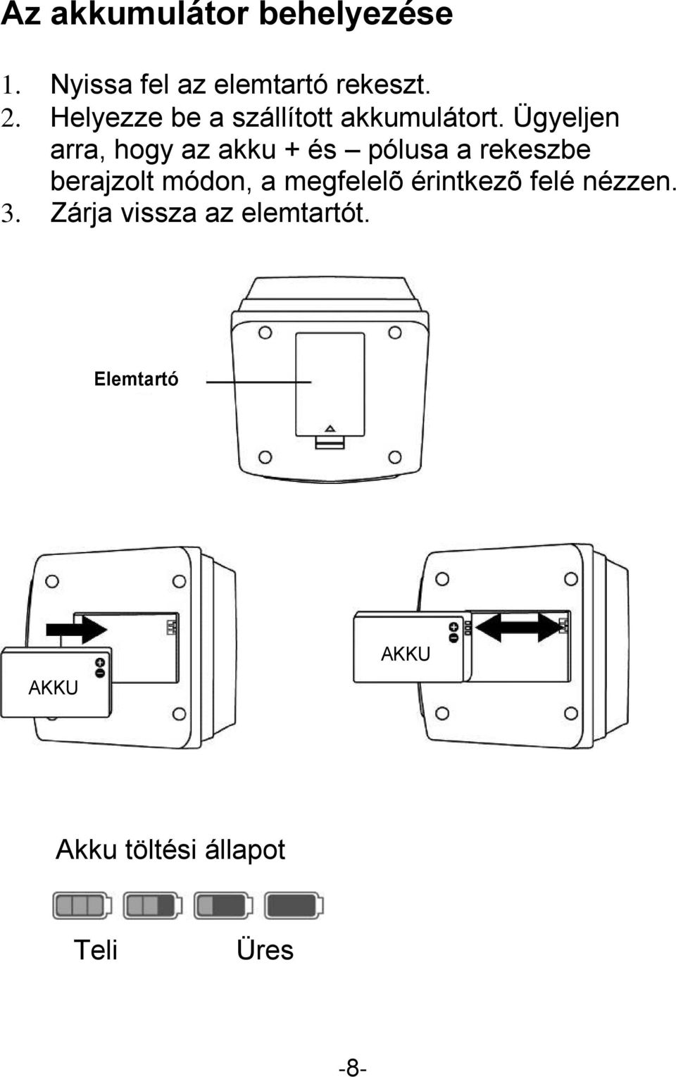 Ügyeljen arra, hogy az akku + és pólusa a rekeszbe berajzolt módon, a