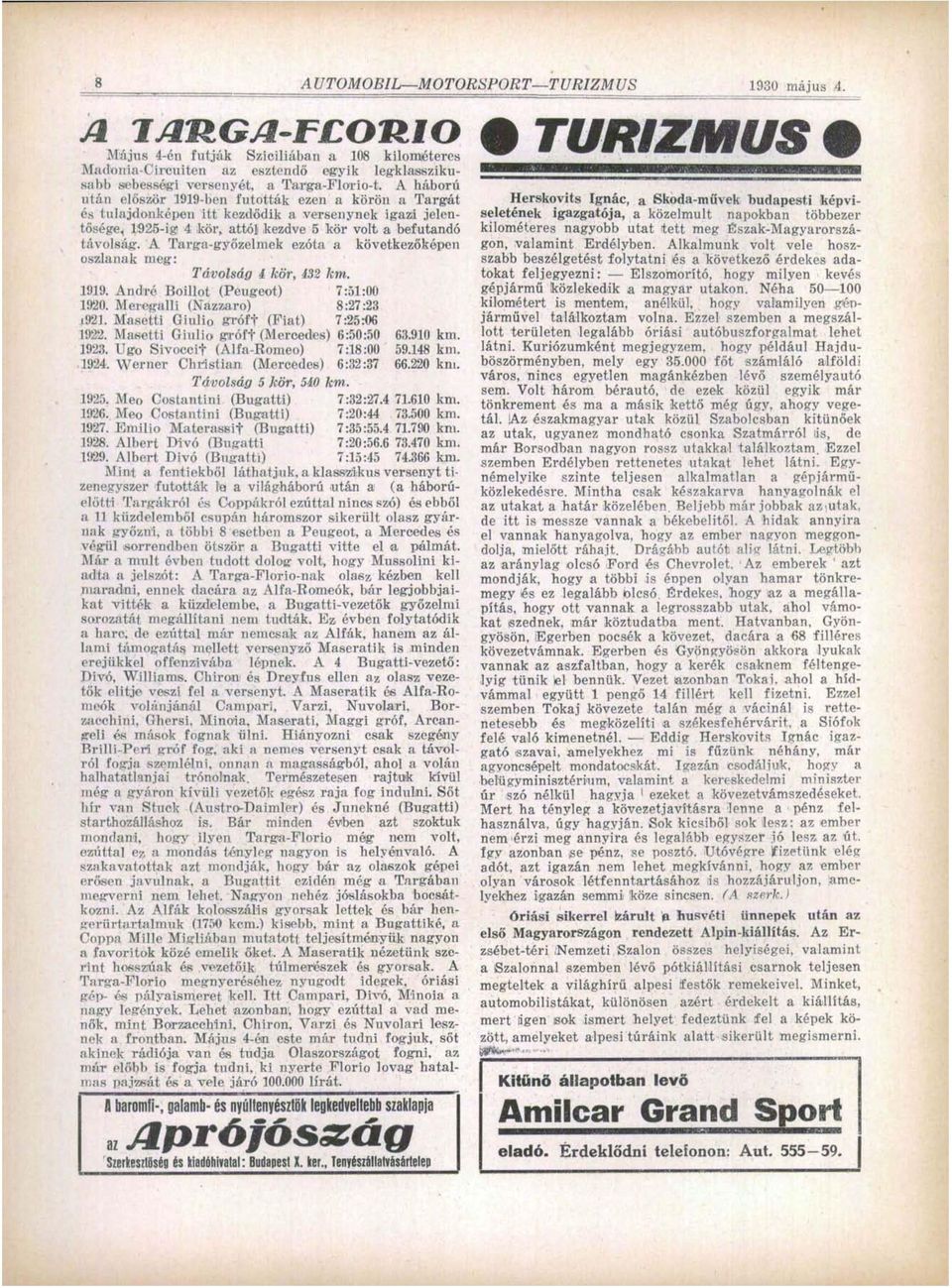 A Targa-győzelmek ezóta a következőképen oszlanak meg: Távolság i kör, 132 km. 1919. André Boillot (Peugeot) 7:51:00 1920. Meregalli (Nazzaro) 8:27:23 1921. Masetti Giulio grófi" (Fiat) 7:25:06 1922.